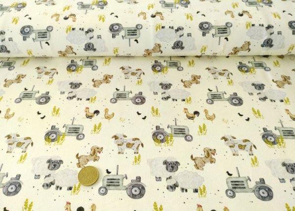 Happy Farm Hilco Sweatstoff in ecru mit Bauernhofmotiven